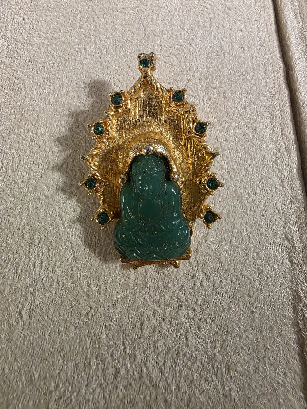 Vintage 1960s Asian Revival Faux Jade Peking Glass Buddha Brooch Pin